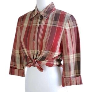 Vintage Linen Autumnal Plaid Classic Button Down Shirt Red Brown Evan-Picone XL